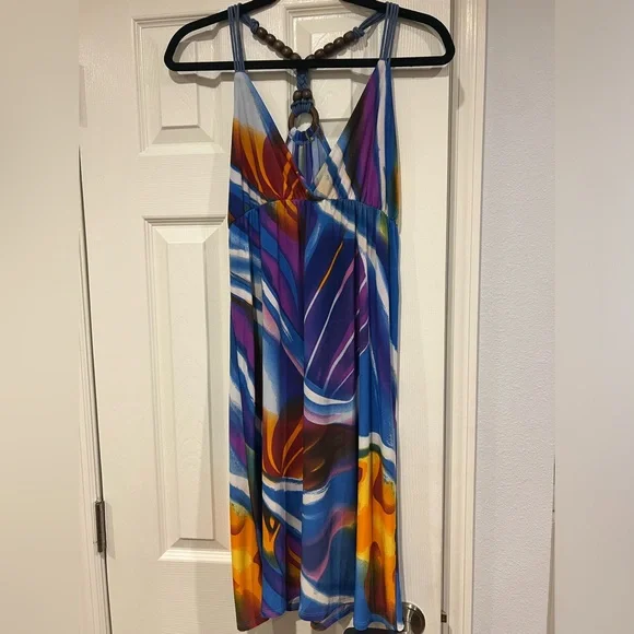 Ocean blue brand sundress/coverup with wooden beads - Picture 1 of 6